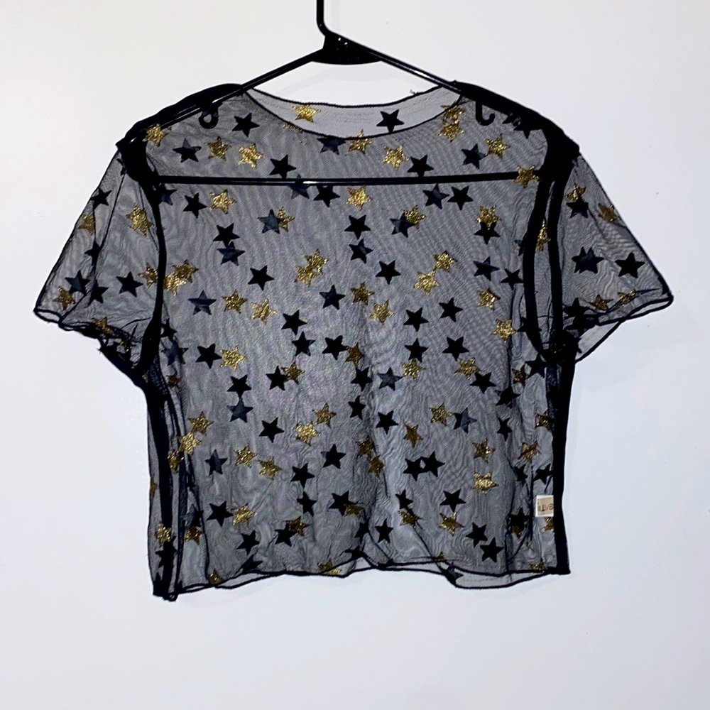 Sheer/See Through Mesh Black w Black/Gold Star T-Shirt Crop Top (S/M)